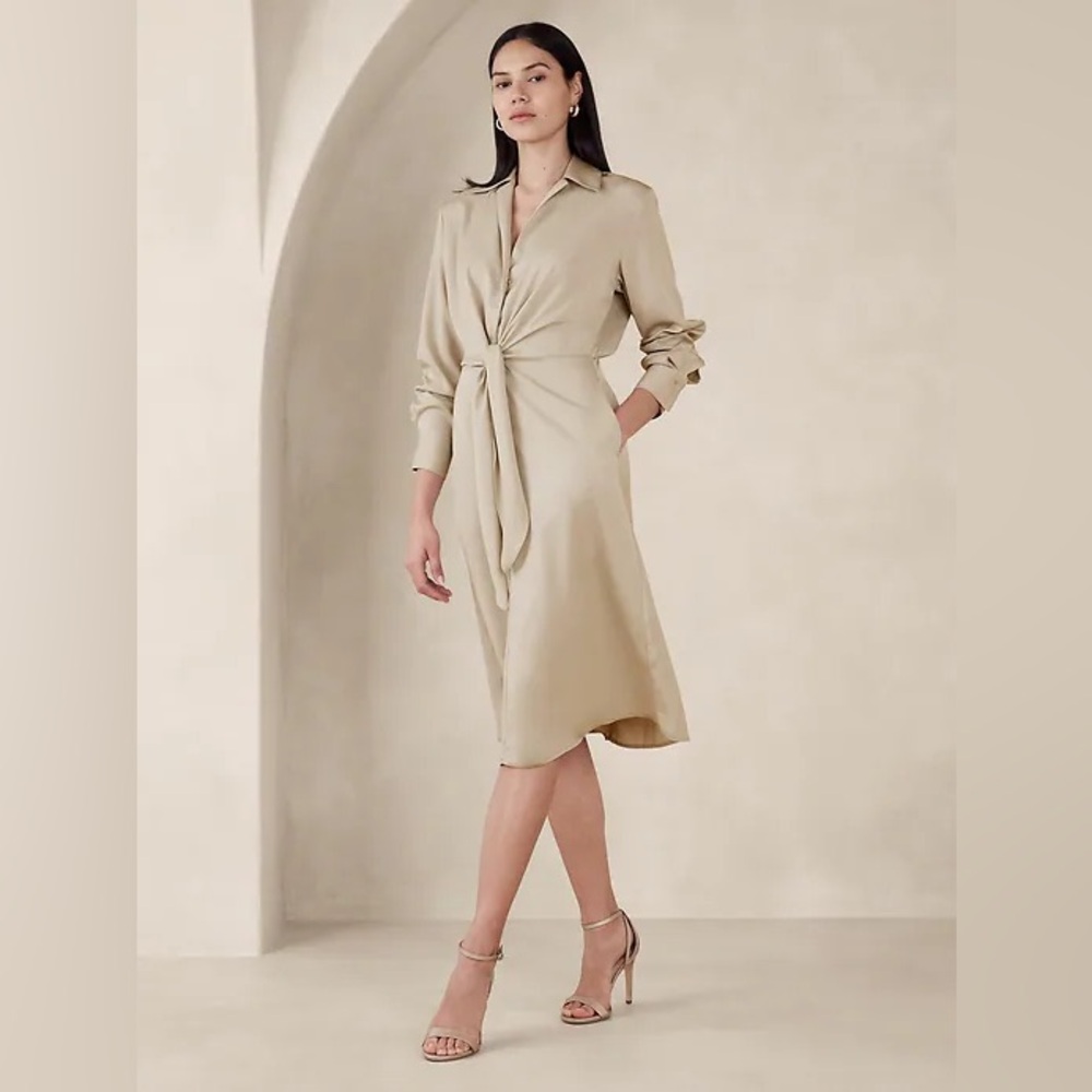 NWT Banana Republic Satin Front Tie Midi Shirt Dress Pockets Champagne Size S